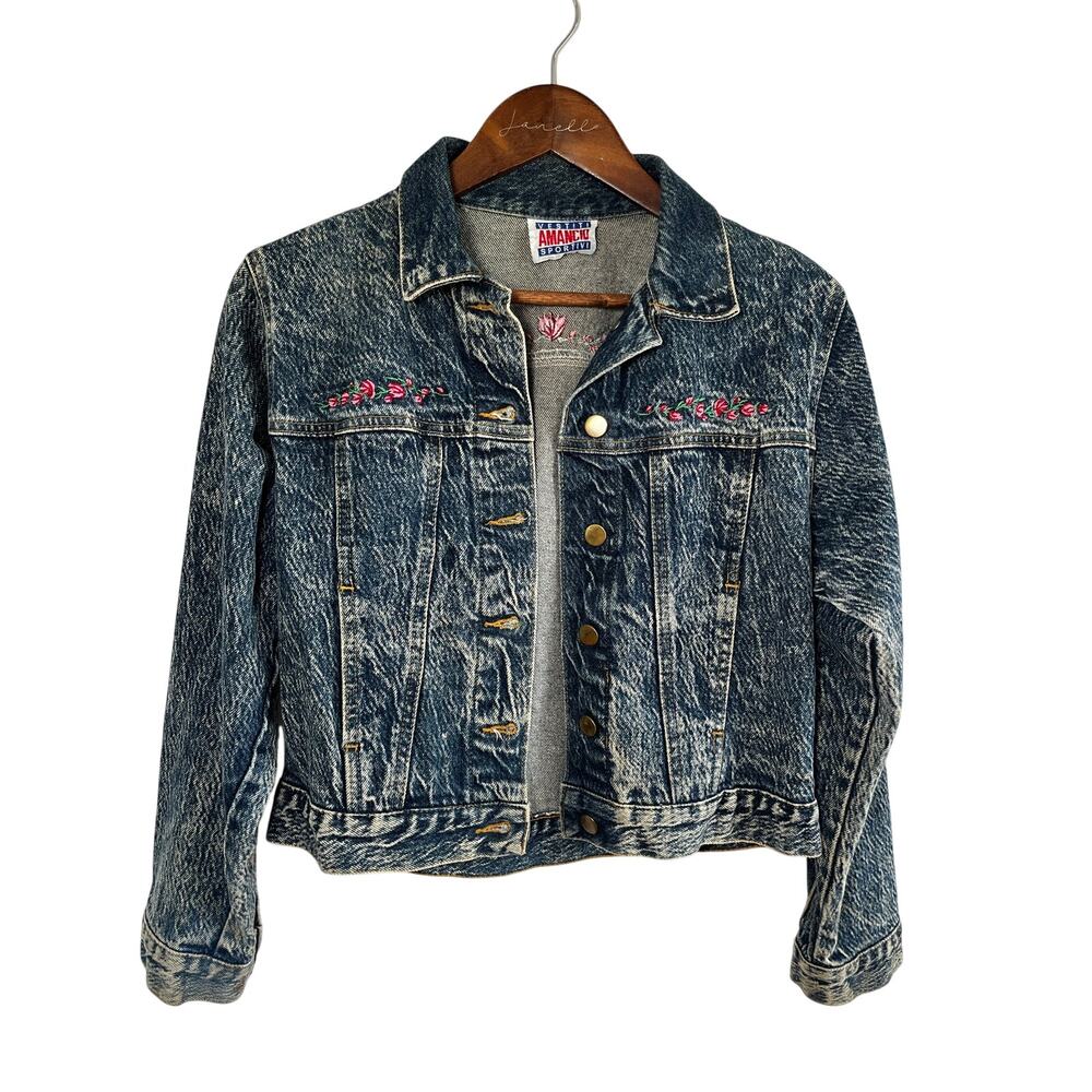 Vintage 80s Embroidered Denim Floral Jean Trucker Jacket Acid Wash Grunge Boho